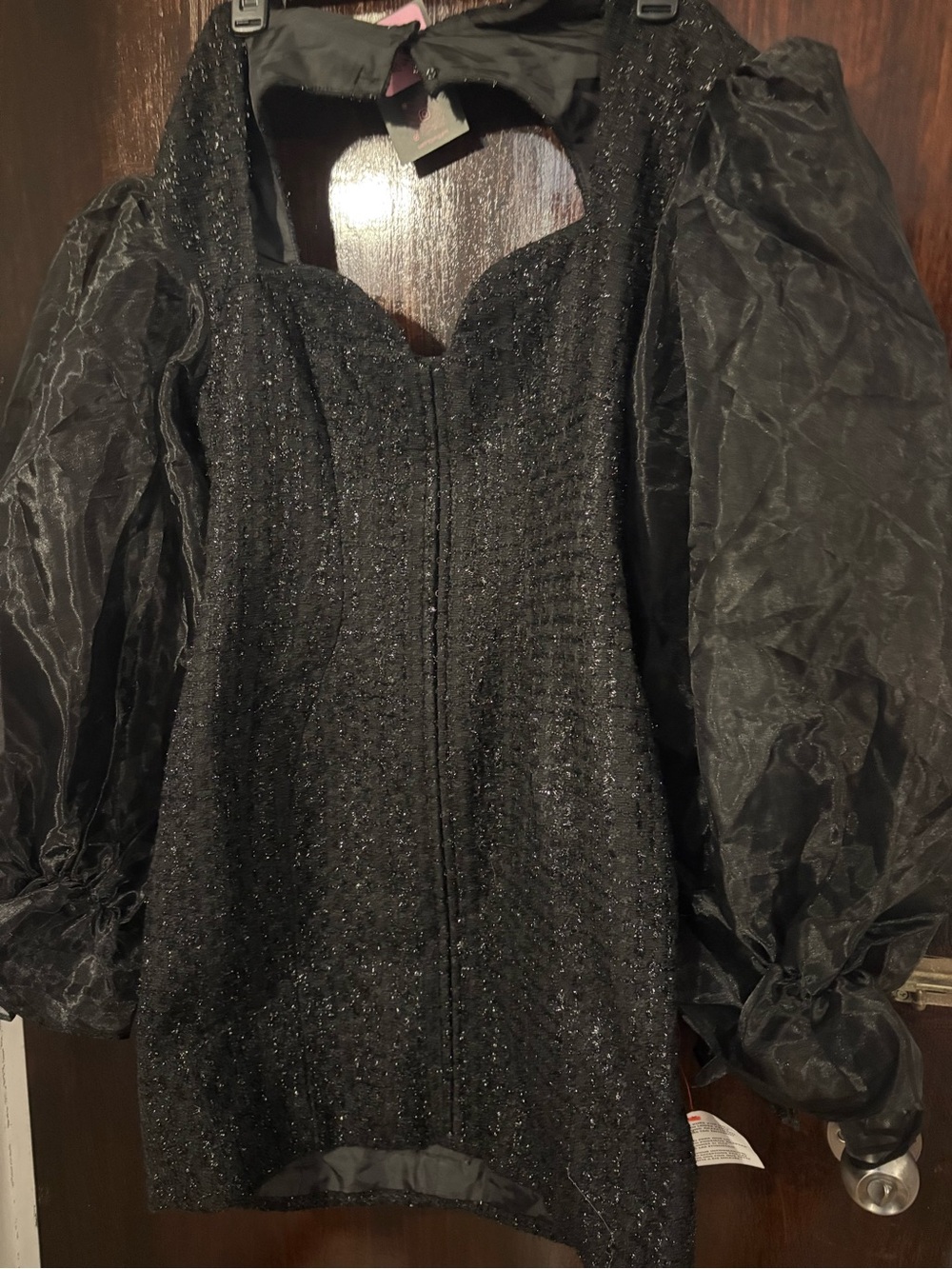 NWT Asos Black Sparkle Puff-Sleeve Mini Dress with Bow Back. Size 10.